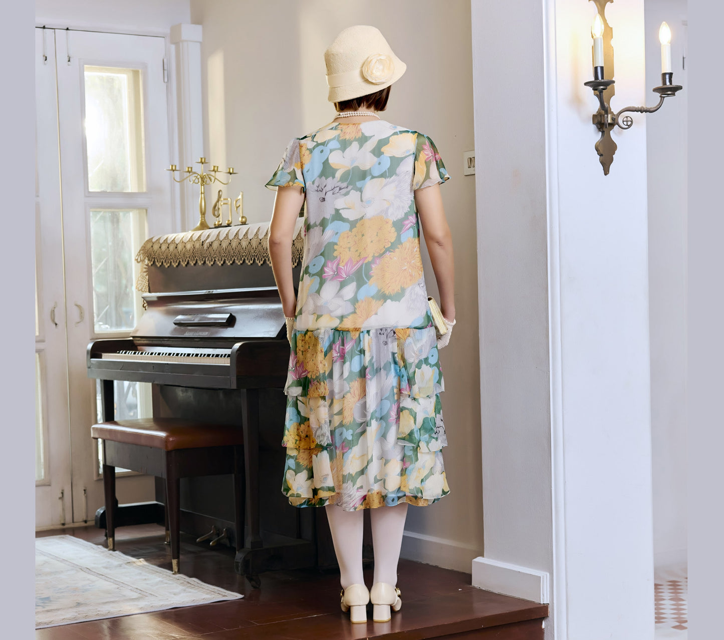 Multicolored floral silk chiffon 1920s dress with tiered skirt