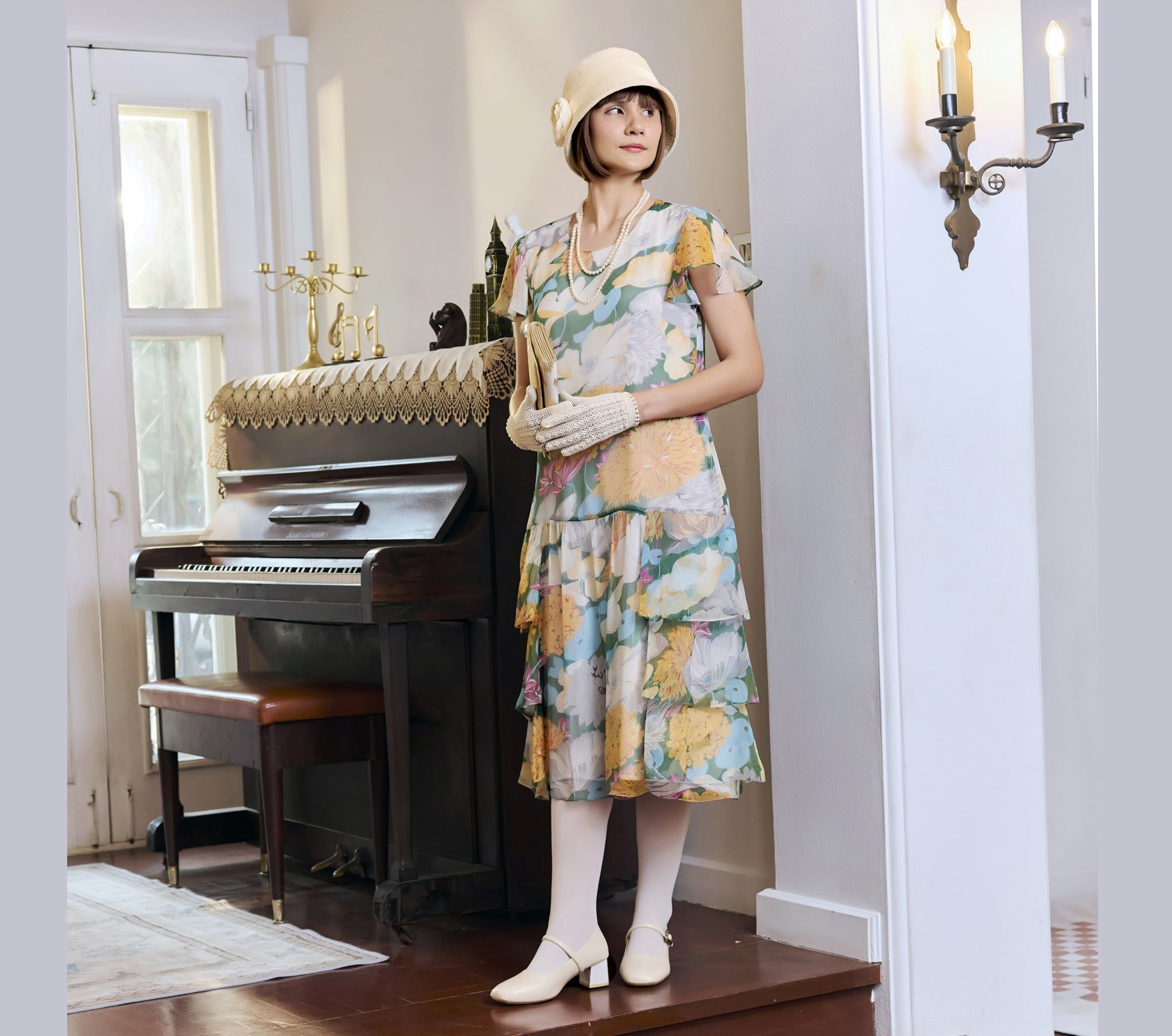 floral chiffon tea dress Floral Chiffon Tea Length Dress: Green & Pink Party Gown