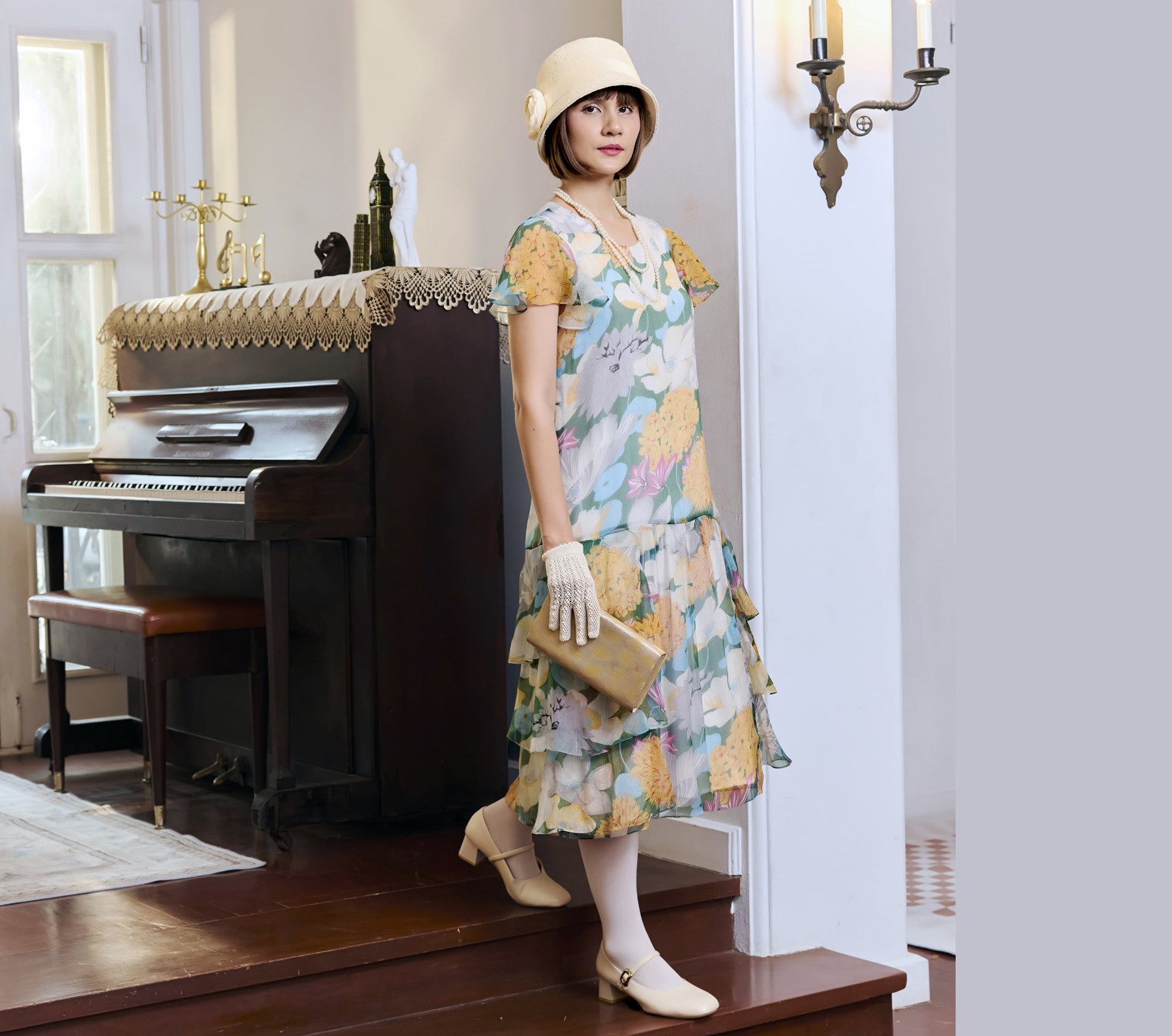 Multicolored floral silk chiffon 1920s dress with tiered skirt LaVieDelight Multicolored floral silk chiffon 1920s dress with tiered skirt LaVieDelight