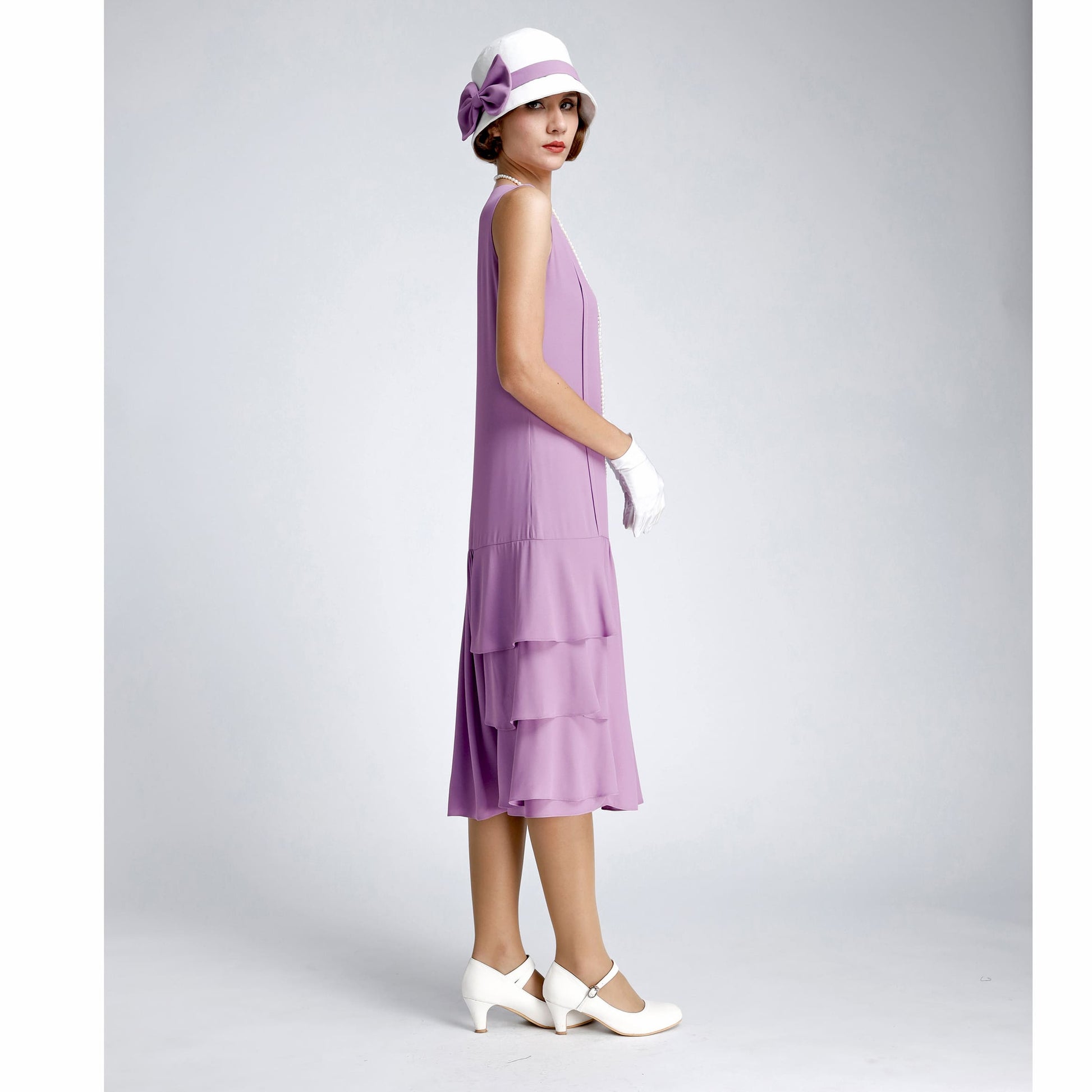 Purple 1920s dress. The lavender Roaring 20s fashion tea dress with tiered skirt can be worn as a Great Gatsby dress or Downton Abbey dress.
