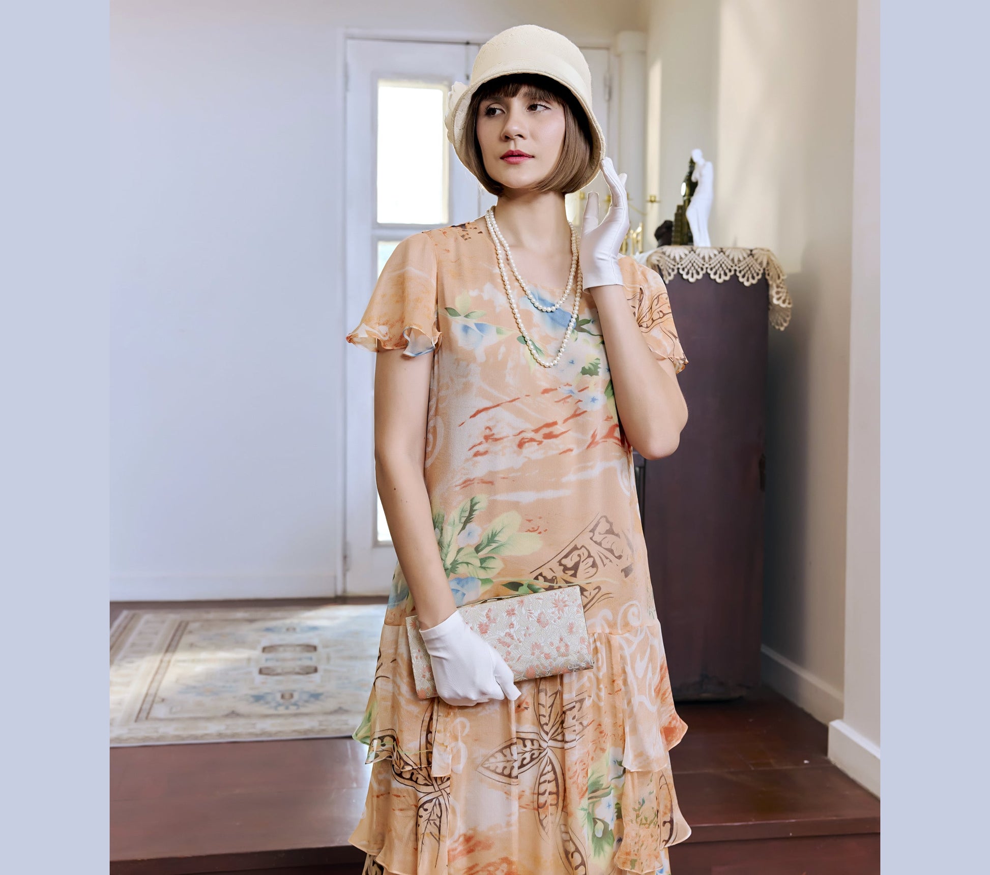flapper dress orange 1920s Silk Flapper Dress Orange Burnout Velvet Egyptian Revival Antique Graces