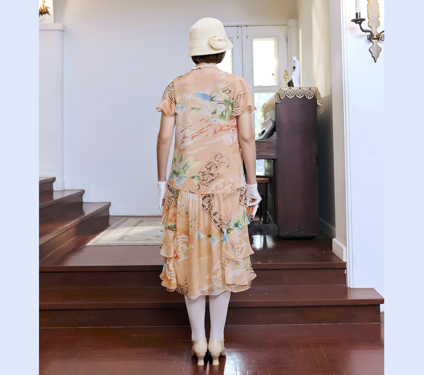 Orange floral print silk chiffon 1920s dress with tiered skirt