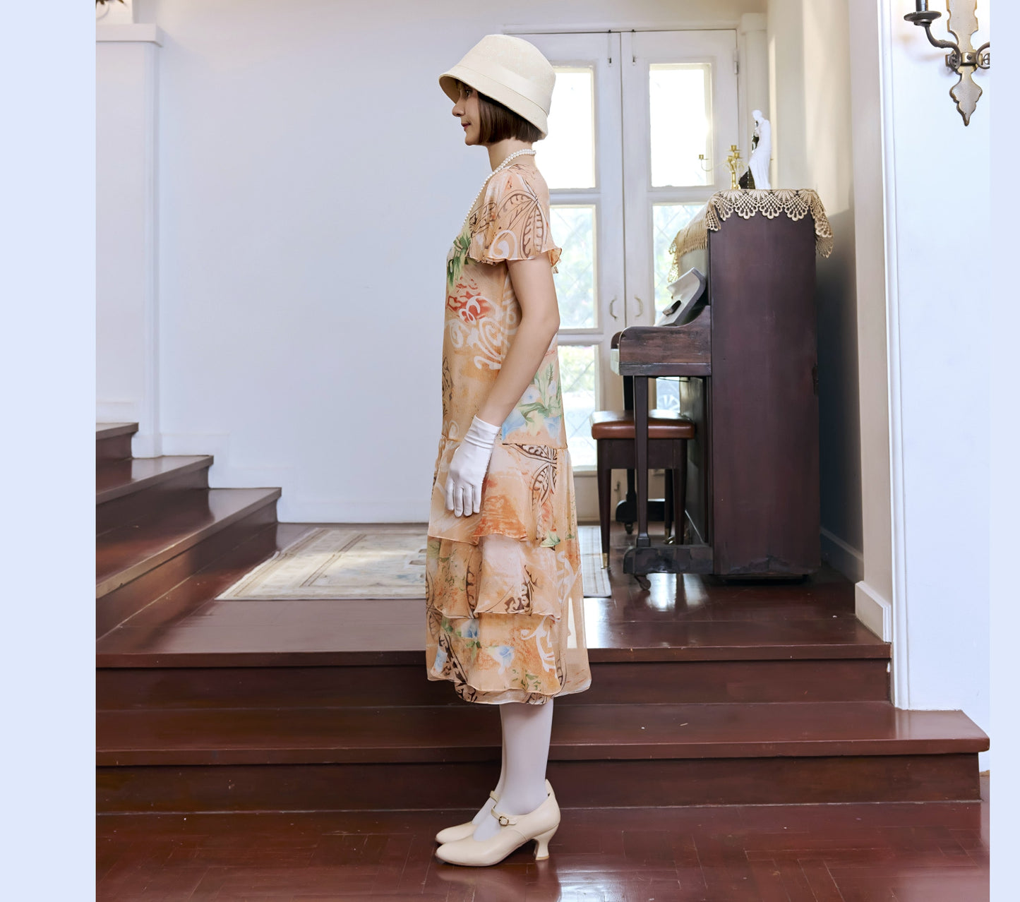 retro 1920s dresses Fine White Lace Flapper Dress Crew neck design Low waist Gorgeous flowing hem Embellished inverted triangle shape Side zipper closure 100% Polyester fabric Orange floral print silk chiffon