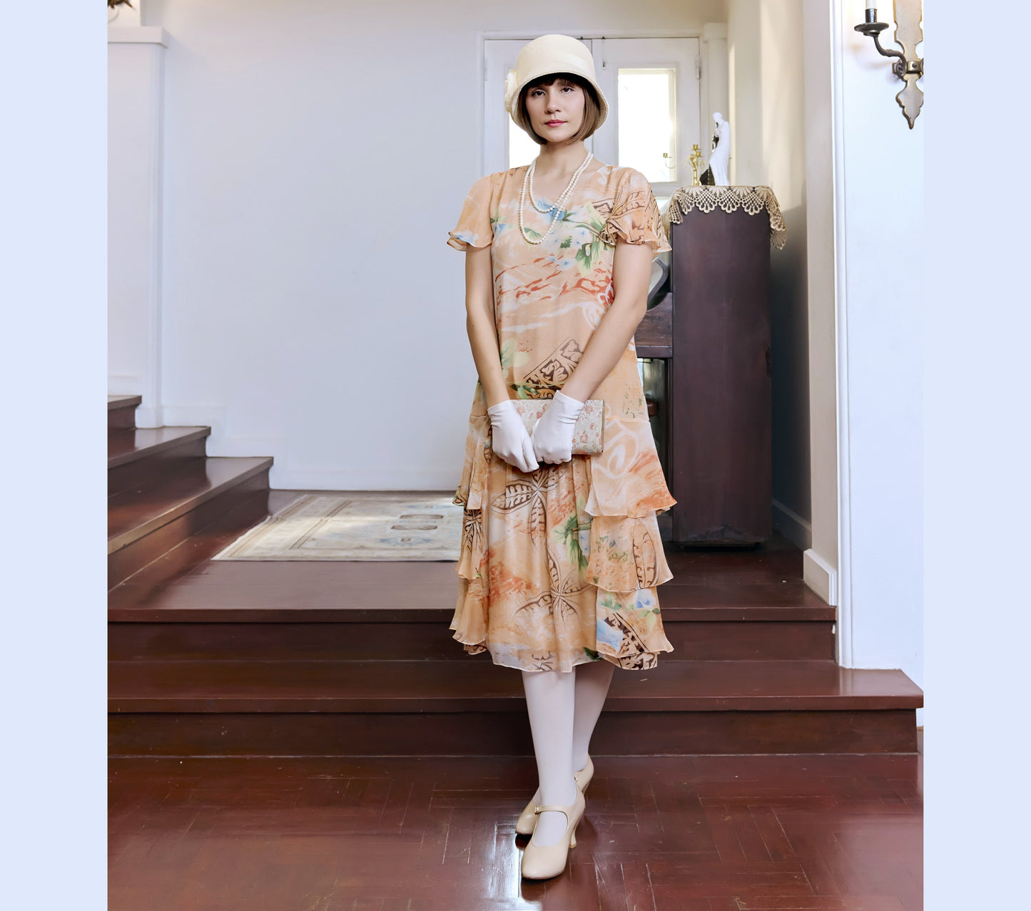 Orange floral print silk chiffon 1920s dress with tiered skirt - a Great Gatsby dress