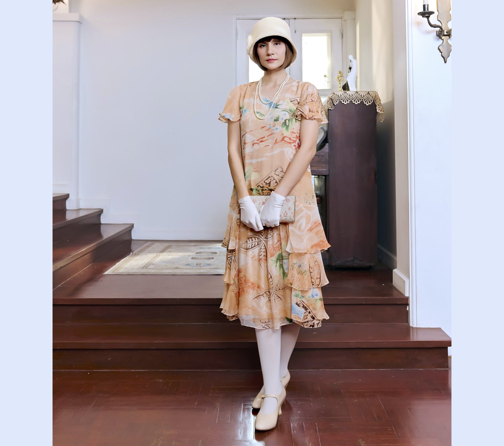 Orange floral print silk chiffon 1920s dress with tiered skirt LaVieDelight Orange floral print silk chiffon 1920s dress with tiered skirt LaVieDelight