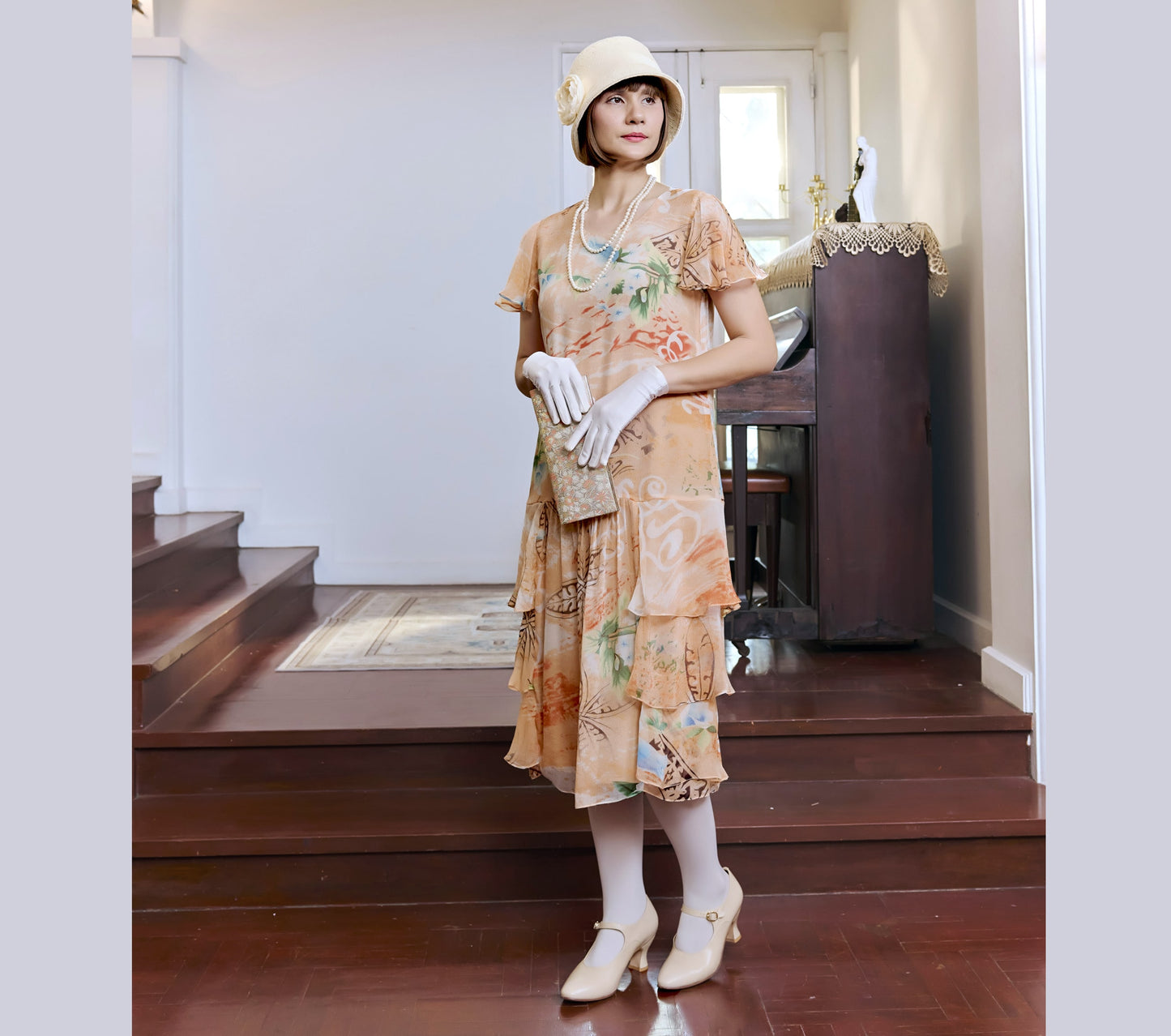 Orange floral print silk chiffon 1920s dress with tiered skirt - a Roaring 20s dress