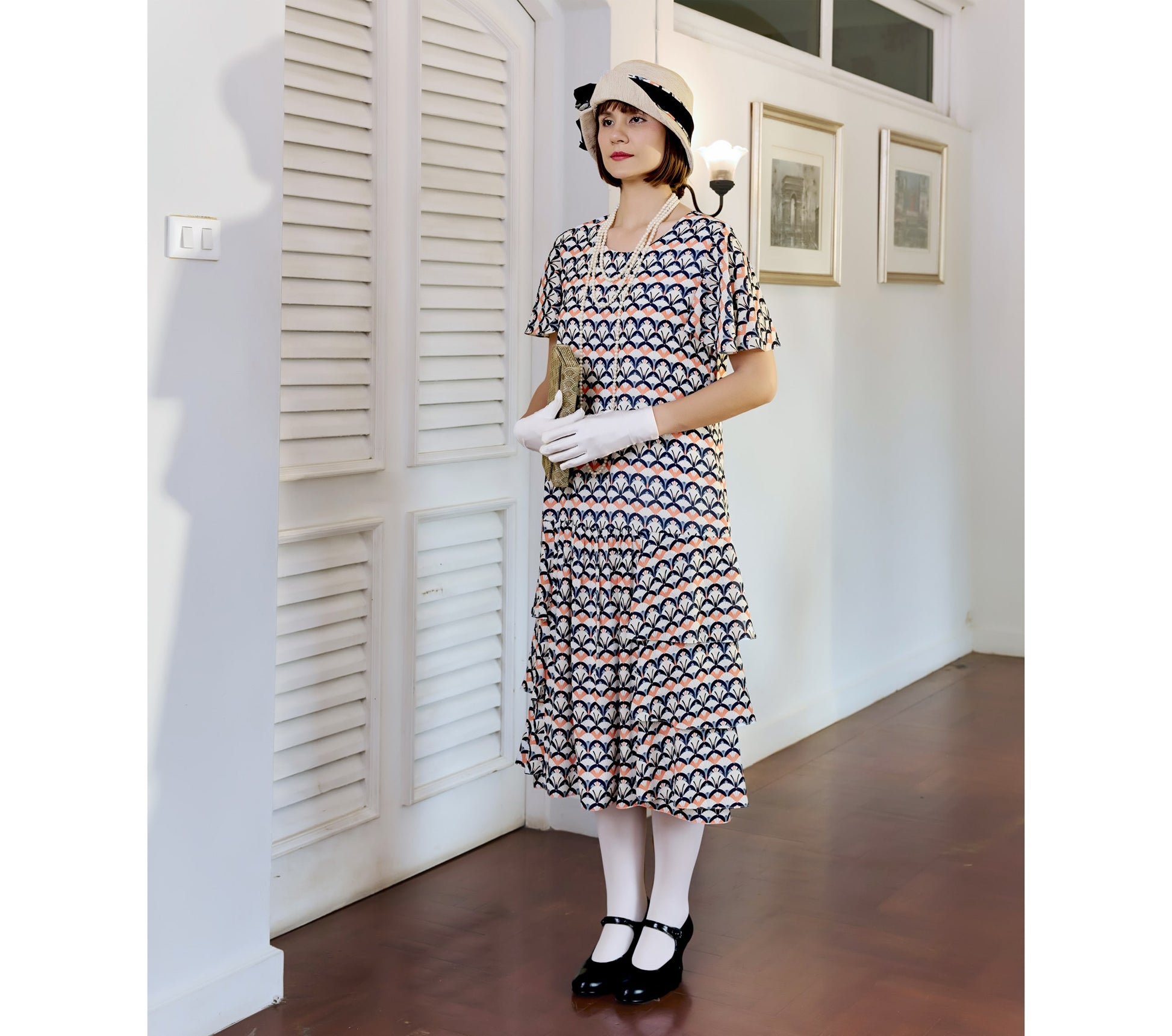 Chiffon flapper day dress in art deco print with tiered skirt Chiffon flapper day dress in art deco print with tiered skirt