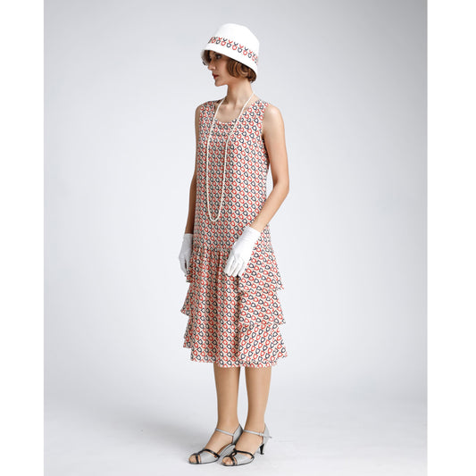 This art deco dress in nude, blue and red print with tiered skirt can be worn as a summer flapper dress, 1920s high tea dress or Great Gatsby party dress.