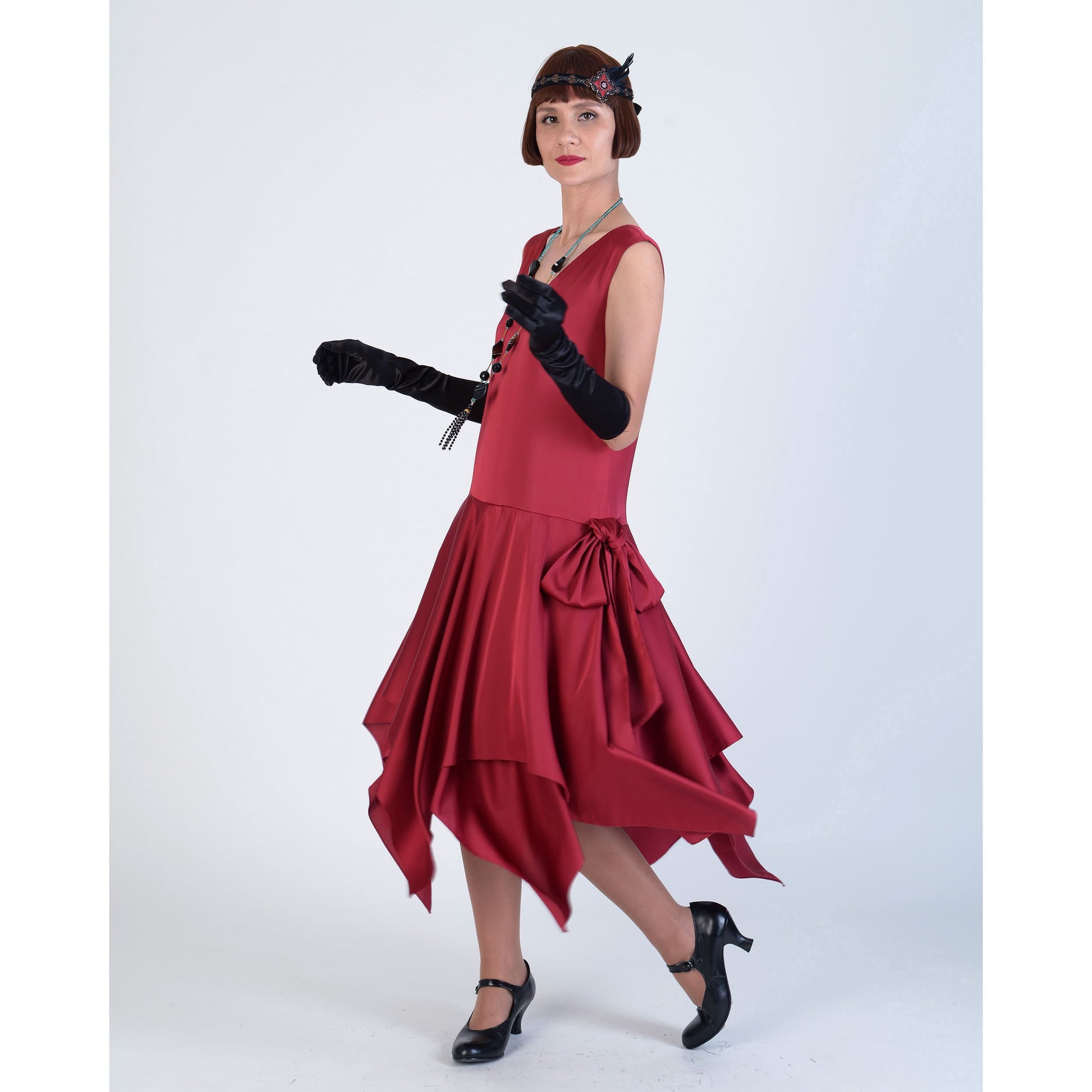 Roaring 20s satin dress in dark red with handkerchief skirt