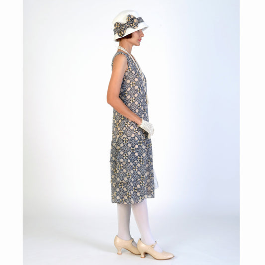 Chiffon Great Gatsby dress in tile pattern print and tiered skirt. The 1920s dress or flapper can be worn as a Lady Mary dress or Downton Abbey high tea dress.