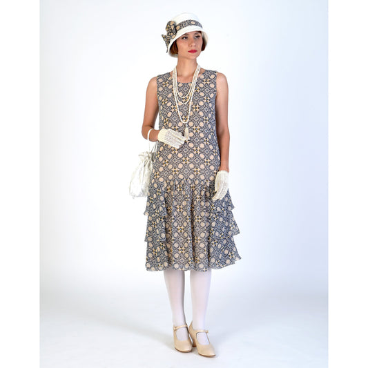 1920s Gatsby dress of chiffon with tiered skirt and tile pattern print - a Roaring Twenties dress