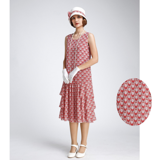 Printed red chiffon 1920s dress with tiered skirt - a 1920s-inspired dress