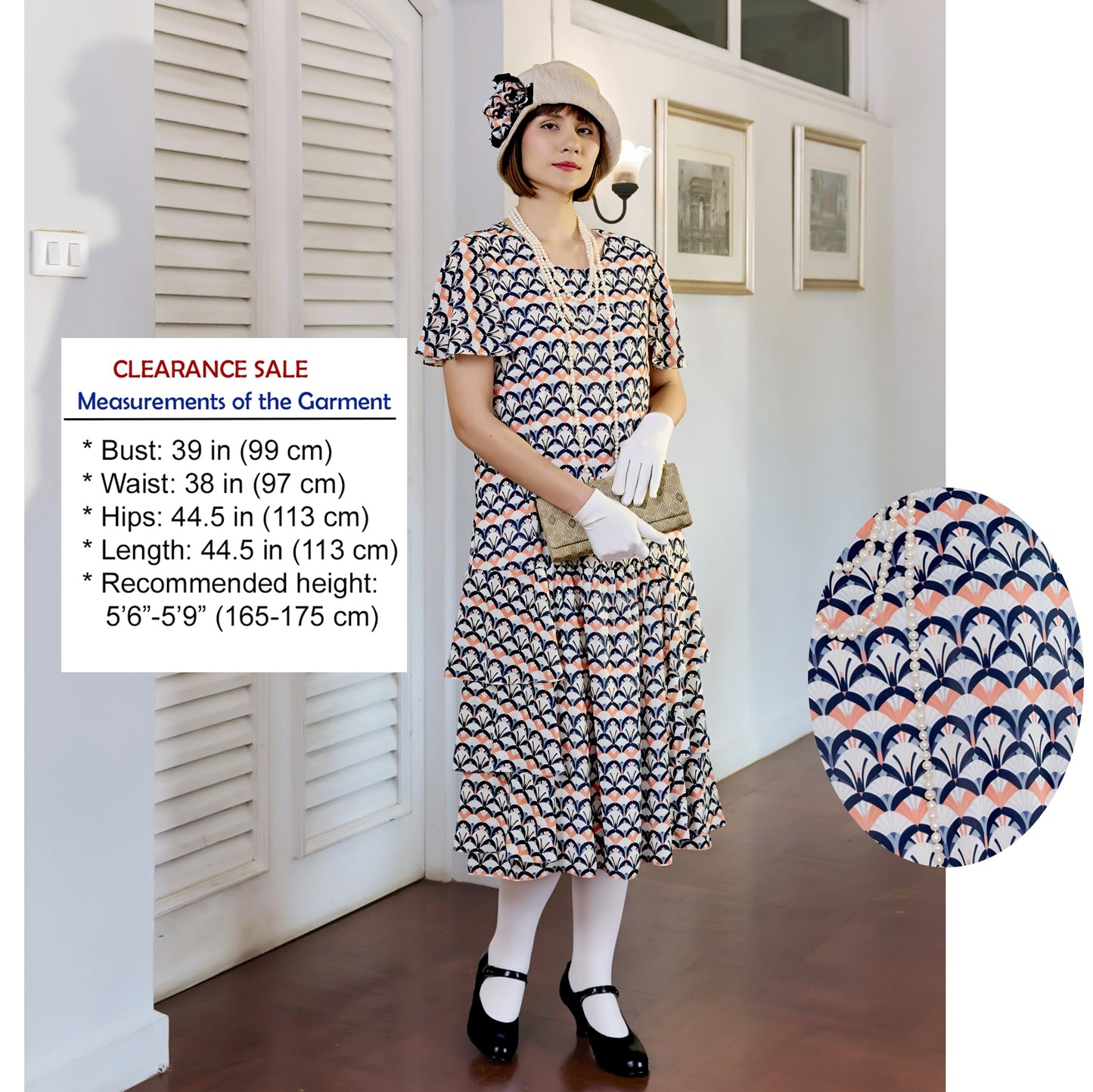CLEARANCE: Flapper day dress in art deco print with tiered skirt