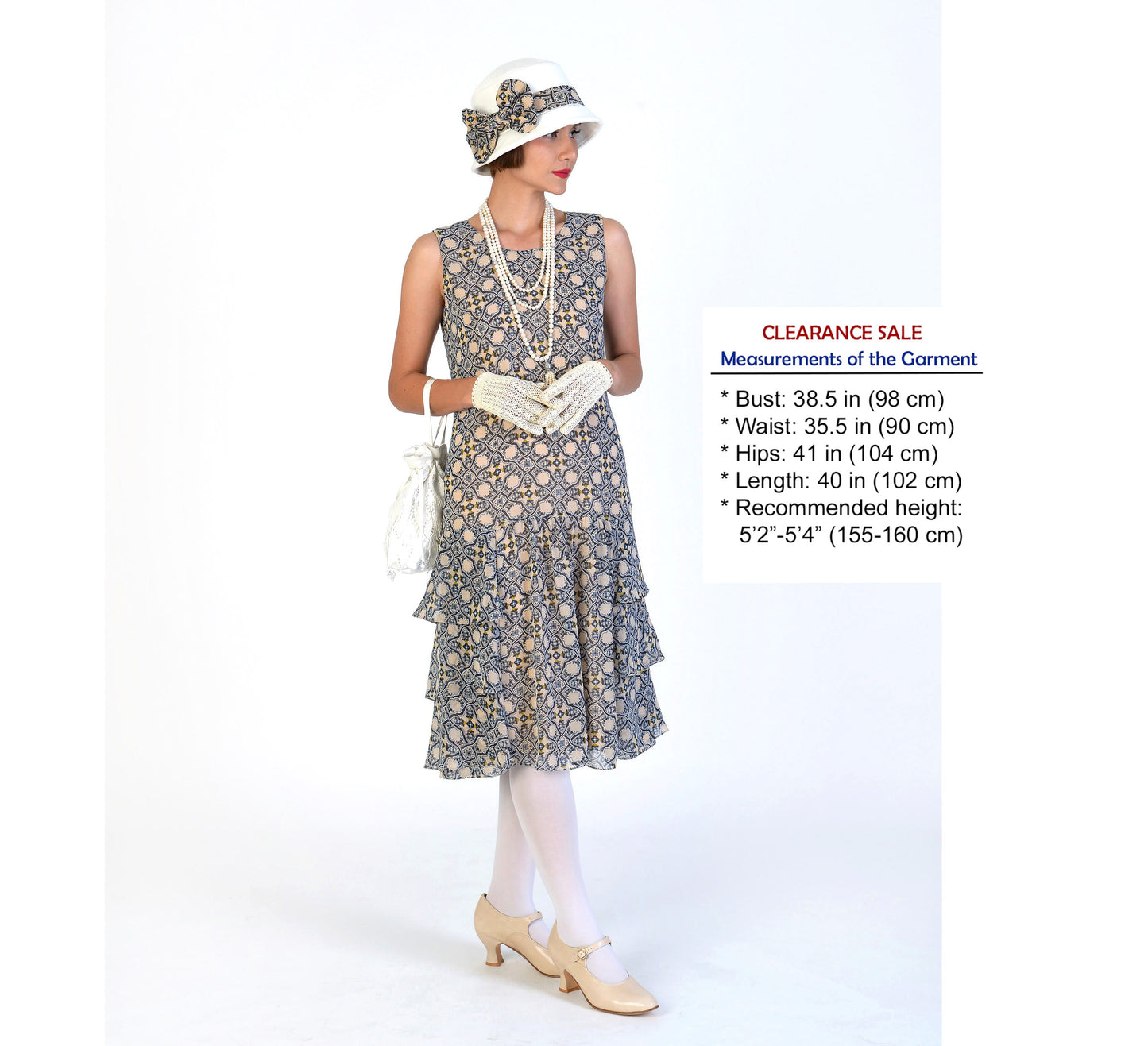 CLEARANCE: 1920s Gatsby dress of chiffon with tiered skirt and tile pattern print
