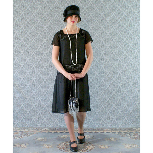 Black flapper dress with chiffon and lace with flutter sleeves - a vintage-inspired Roaring Twenties dress