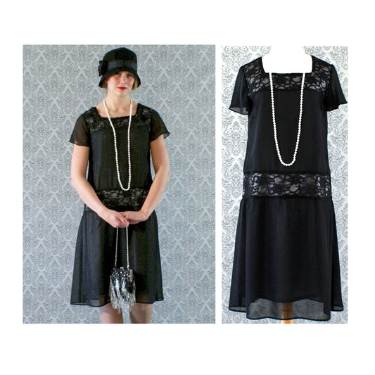 Black chiffon 1920s dress with black lace fabrics and flutter sleeves. Can be worn as Gatsby dress, Downton Abbey dress or Charleston dress