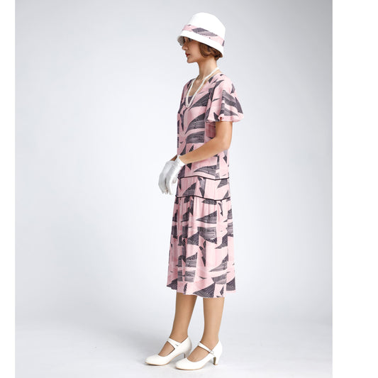 Pink and black art deco 1920s dress. This flapper dress can be worn as a Great Gatsby dress, Downton Abbey dress or 1920s high tea party dress
