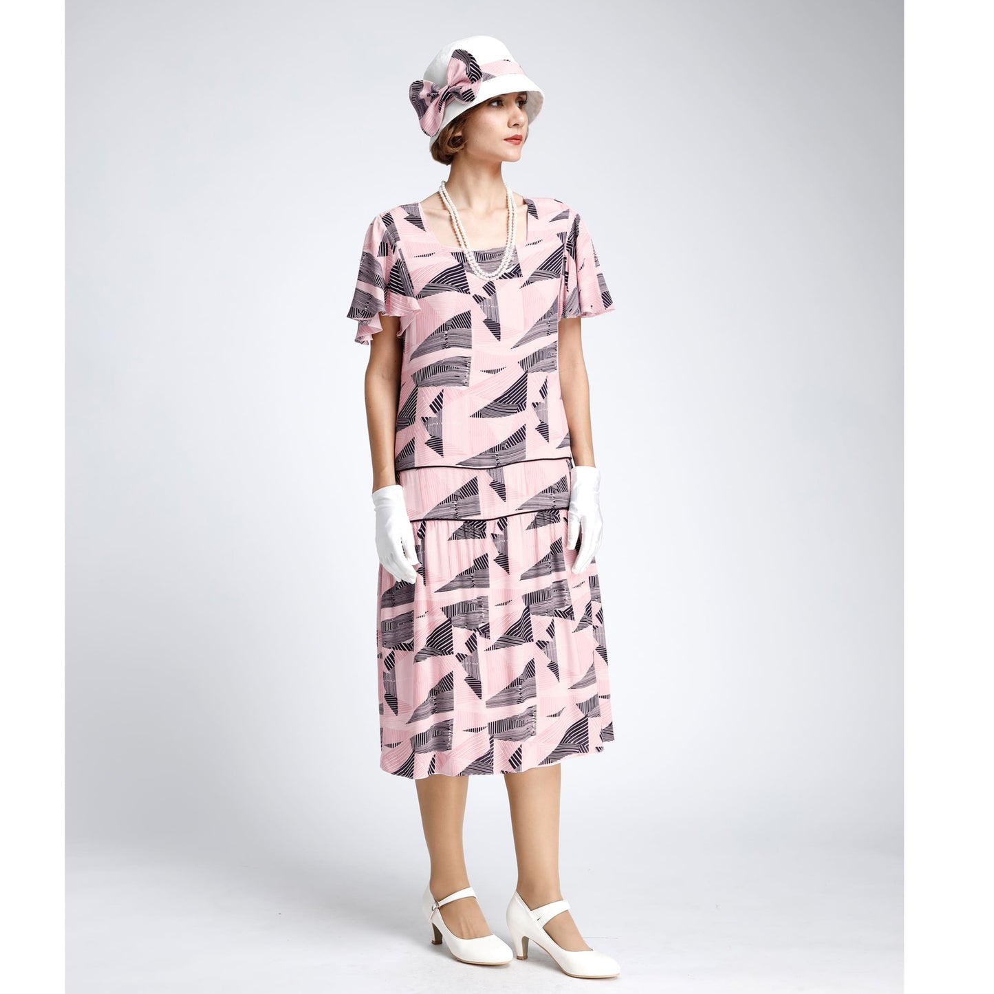 1920s summer tea party dress in pink and black rayon with flutter sleeves