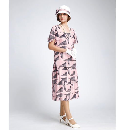 1920s summer tea party dress in pink and black rayon with flutter sleeves - a vintage-inspired Roaring Twenties dress