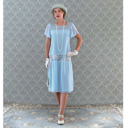 Great Gatsby day dress inspired by 1920s fashion made of light blue chiffon and silver grey lace fabrics and with flutter sleeves.