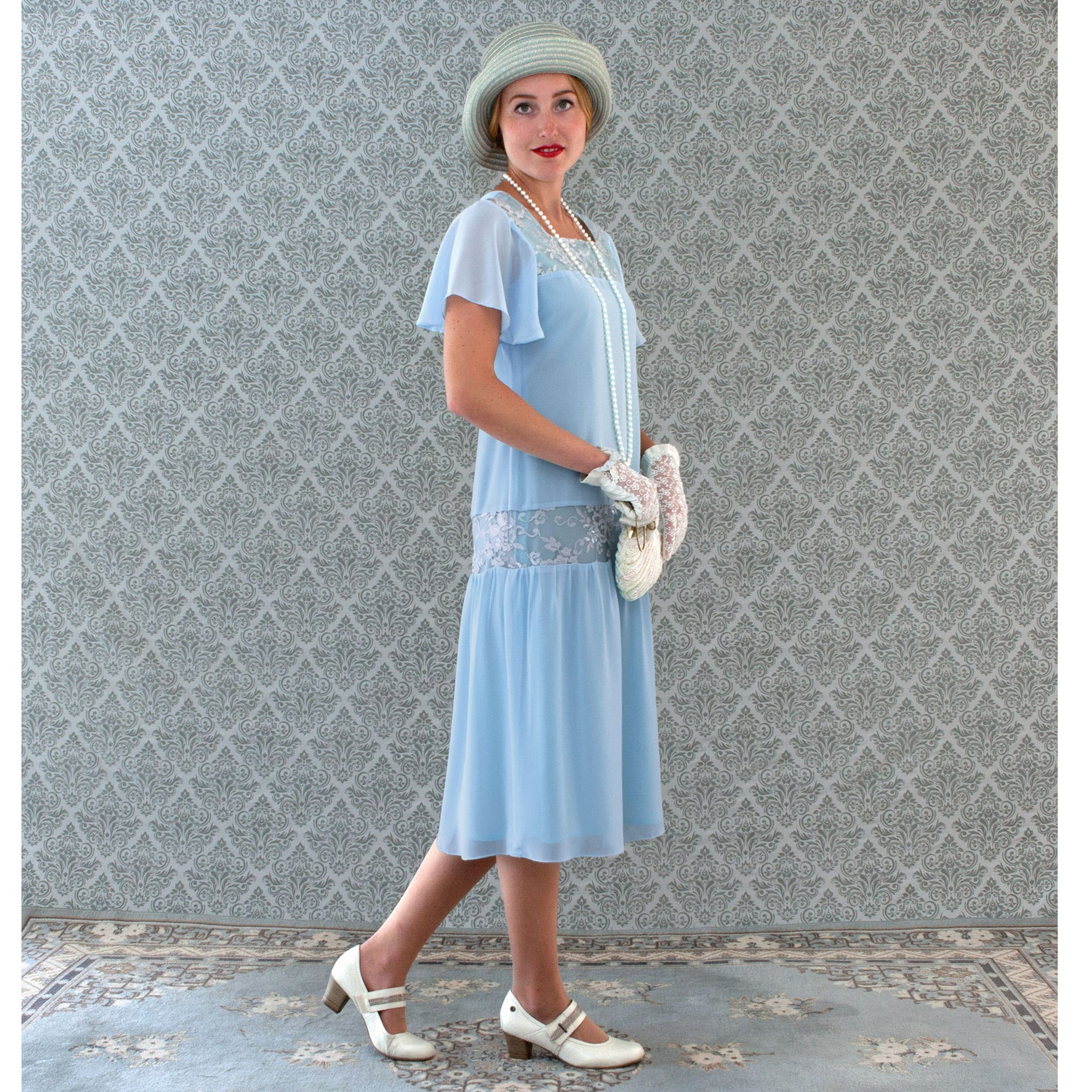 Light blue 1920s Great Gatsby dress with flutter sleeves – LaVieDelight
