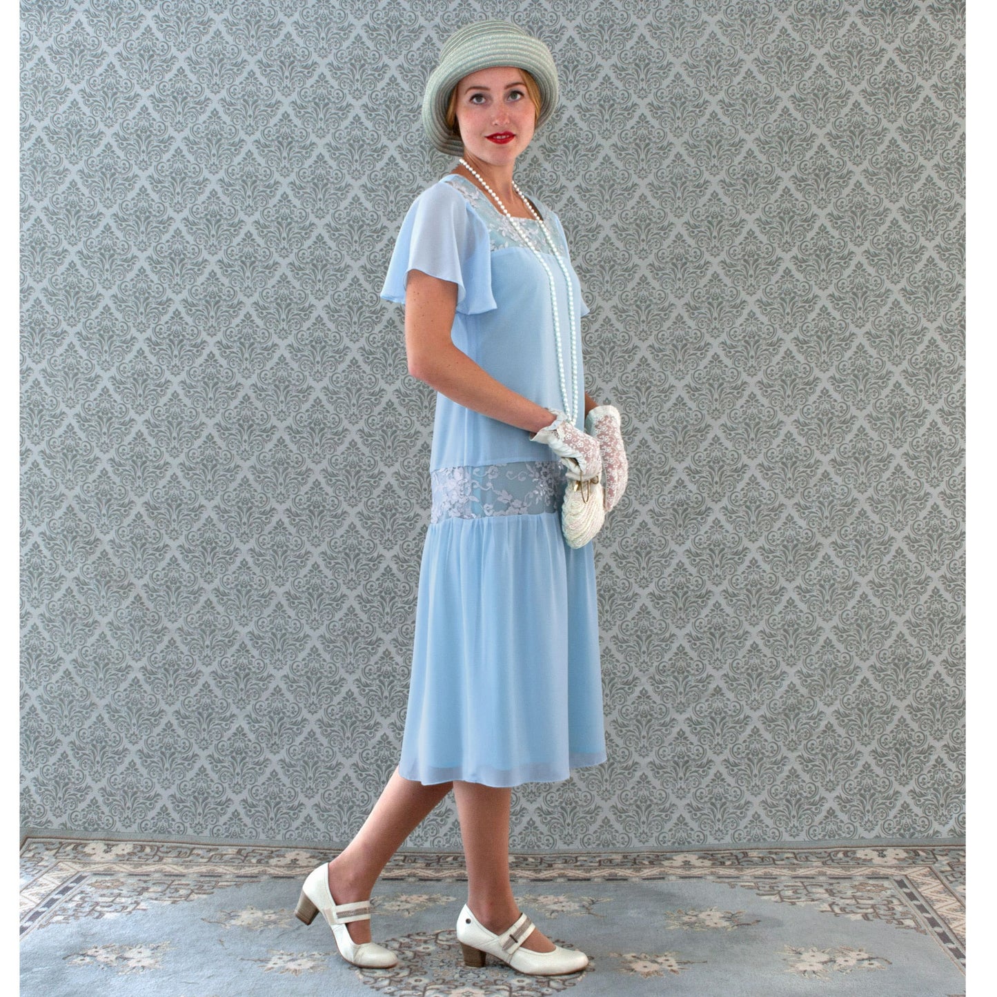 Light blue 1920s Great Gatsby dress with flutter sleeves - a vintage-inspired Roaring Twenties dress