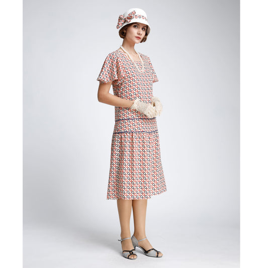 Chiffon 1920s high tea dress in nude color with dark blue and red print. Can be worn as Great Gatsby dress, Lady Mary dress or Downton Abbey dress