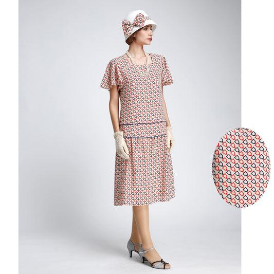 1920s Great Gatsby dress in nude with dark blue and red print - a Roaring Twenties dress
