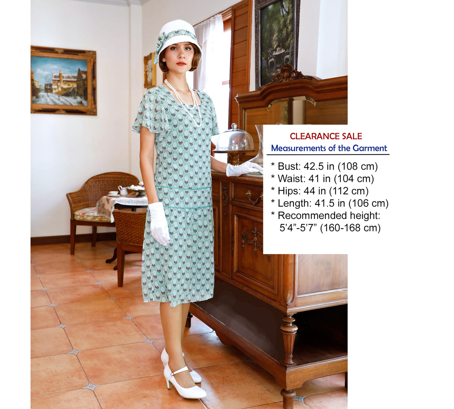 CLEARANCE: 1920s Dress in Light Green Art Deco Print and Flutter Sleeves