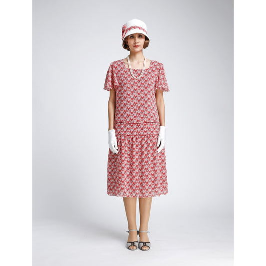 Great Gatsby dress with short flutter sleeves in red chiffon with deco print. The 1920s dress can be worn as roaring 20s dress or 20s garden party dress.