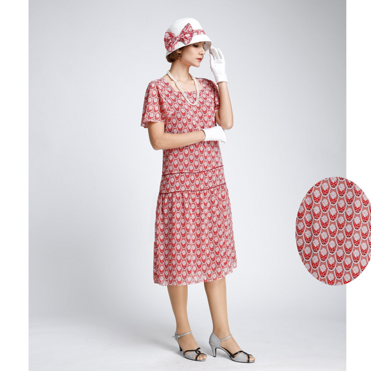 1920s tea dress made of printed red chiffon and with flutter sleeves - a 1920s fashion dress