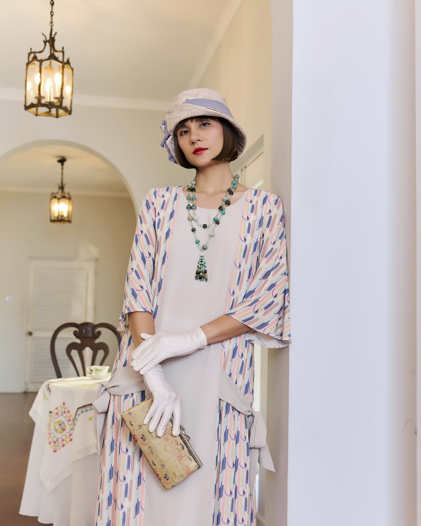 1920s summer dress with art deco design and elbow sleeves