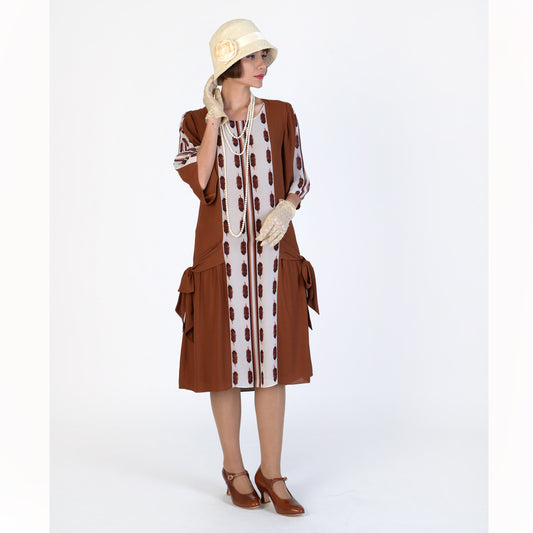 1920s Gatsby dress made of brown crepe georgette and printed chiffon - a Roaring Twenties dress