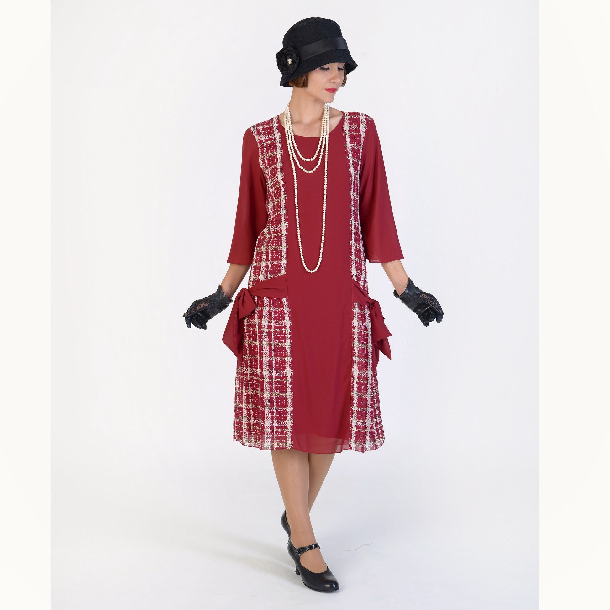 1920s reproduction dress in maroon red and off-white plaid 1920s reproduction dress in maroon red and off-white plaid