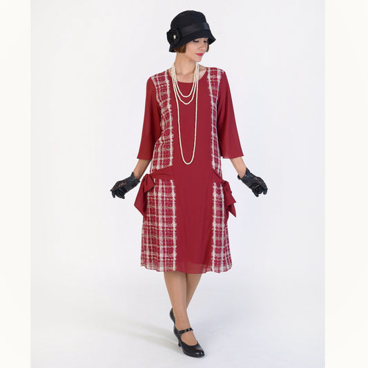 1920s reproduction dress in maroon red and off-white plaid - a vintage-inspired Roaring Twenties dress