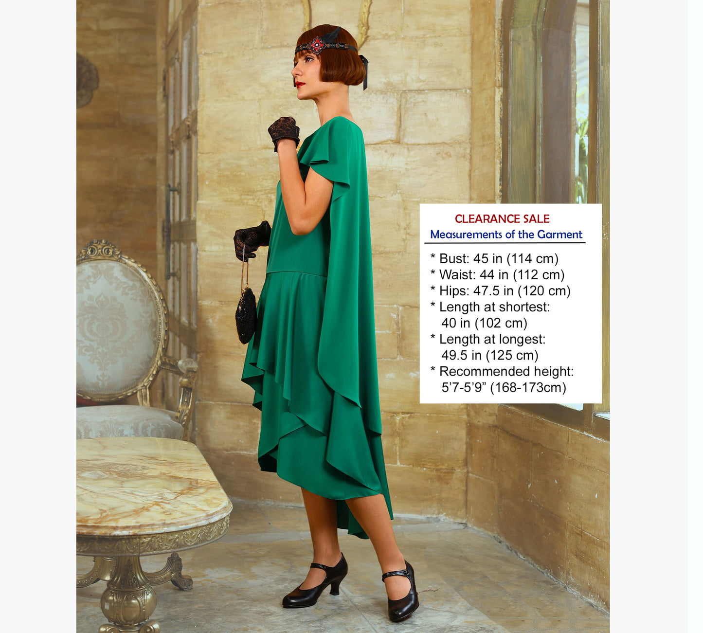 CLEARANCE: Green 1920s evening satin dress with shoulder train