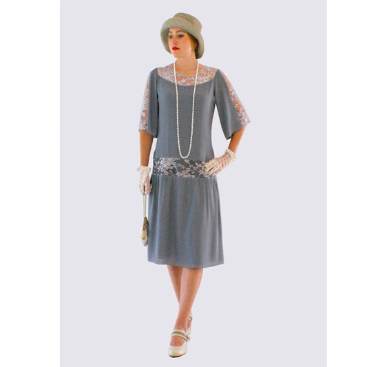 Grey Great Gatsby dress with elbow-length sleeves - a vintage-inspired Roaring Twenties dress