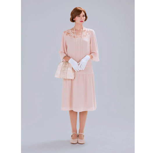 1920s Great Gatsby dress in nude with elbow length sleeves - a vintage-inspired Roaring Twenties dress