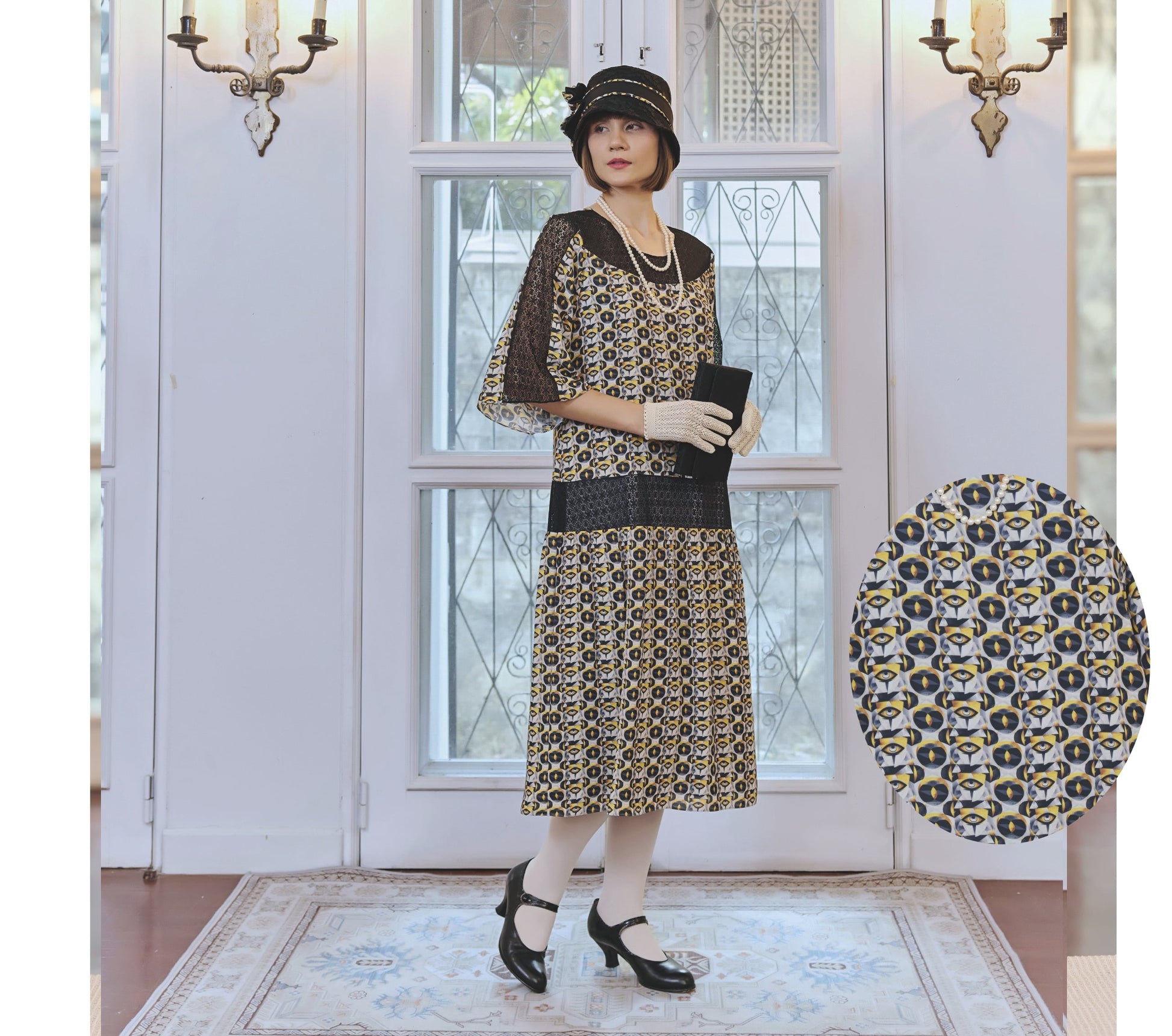 1920s flapper dress made of art deco chiffon and lace in black, yellow and white 1920s flapper dress made of art deco chiffon and lace in black, yellow and white