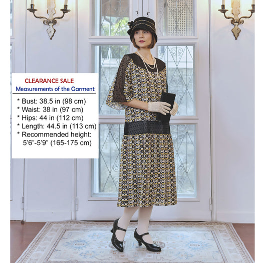 CLEARANCE: Flapper dress in Art Deco print & lace in black/yellow/white