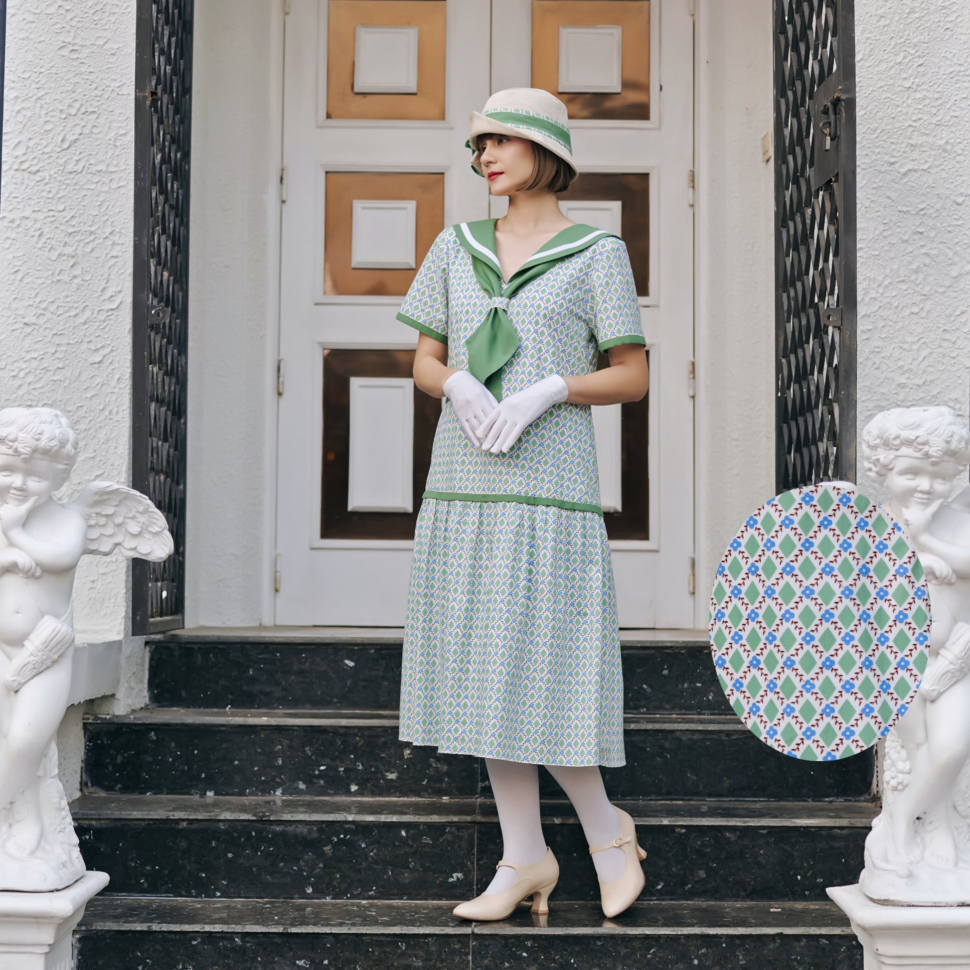 1920s Flapper Dropped Waist Flapper Dress Printed Green Cotton 1920s Dress With A Sailor Collar 1920s Flapper Dropped Waist Flapper Dress Printed Green Cotton 1920s Dress With A Sailor Collar