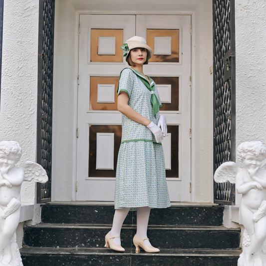 Printed green cotton 1920s dress with a sailor collar - a 1920s nautical dress