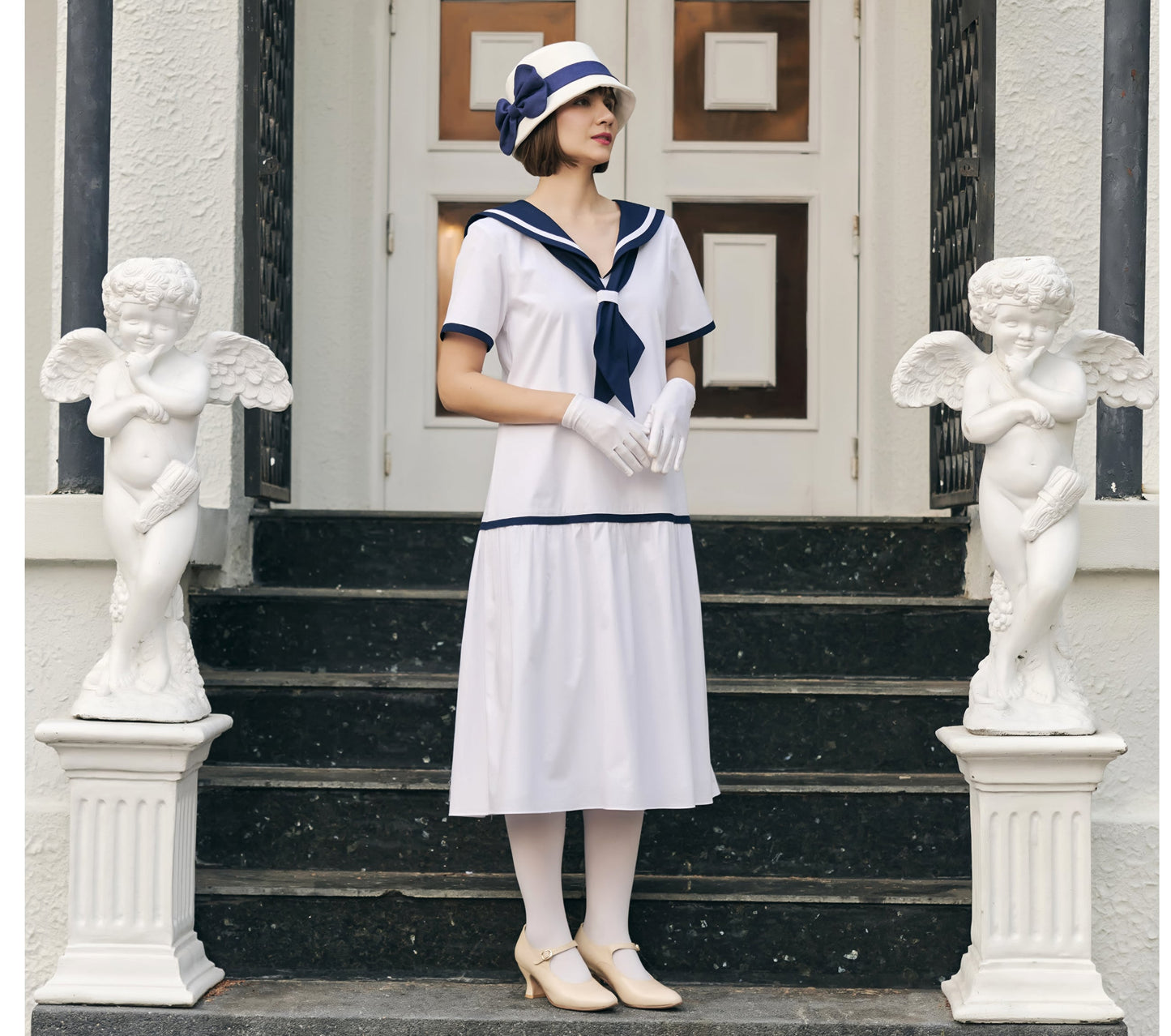 White cotton Great Gatsby dress in 1920s sailor look