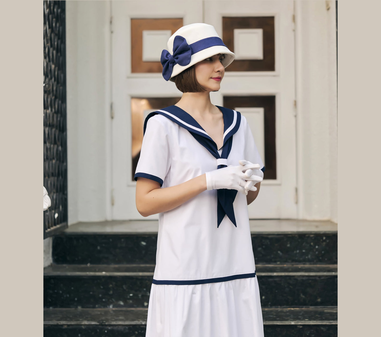 White cotton Great Gatsby dress in 1920s sailor look