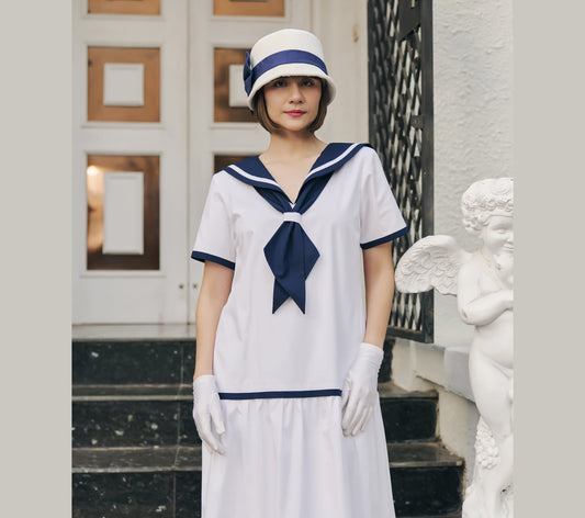 White cotton Great Gatsby dress in 1920s sailor look - a Great Gatsby day dress