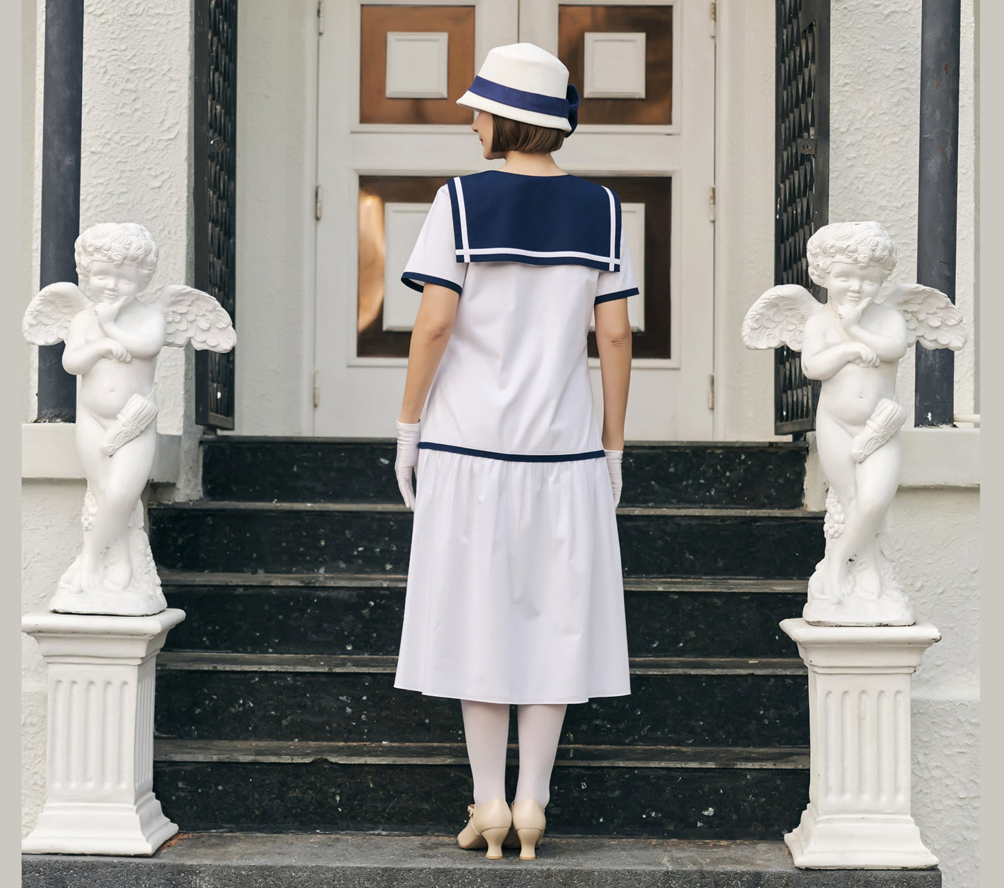 White cotton Great Gatsby dress in 1920s sailor look