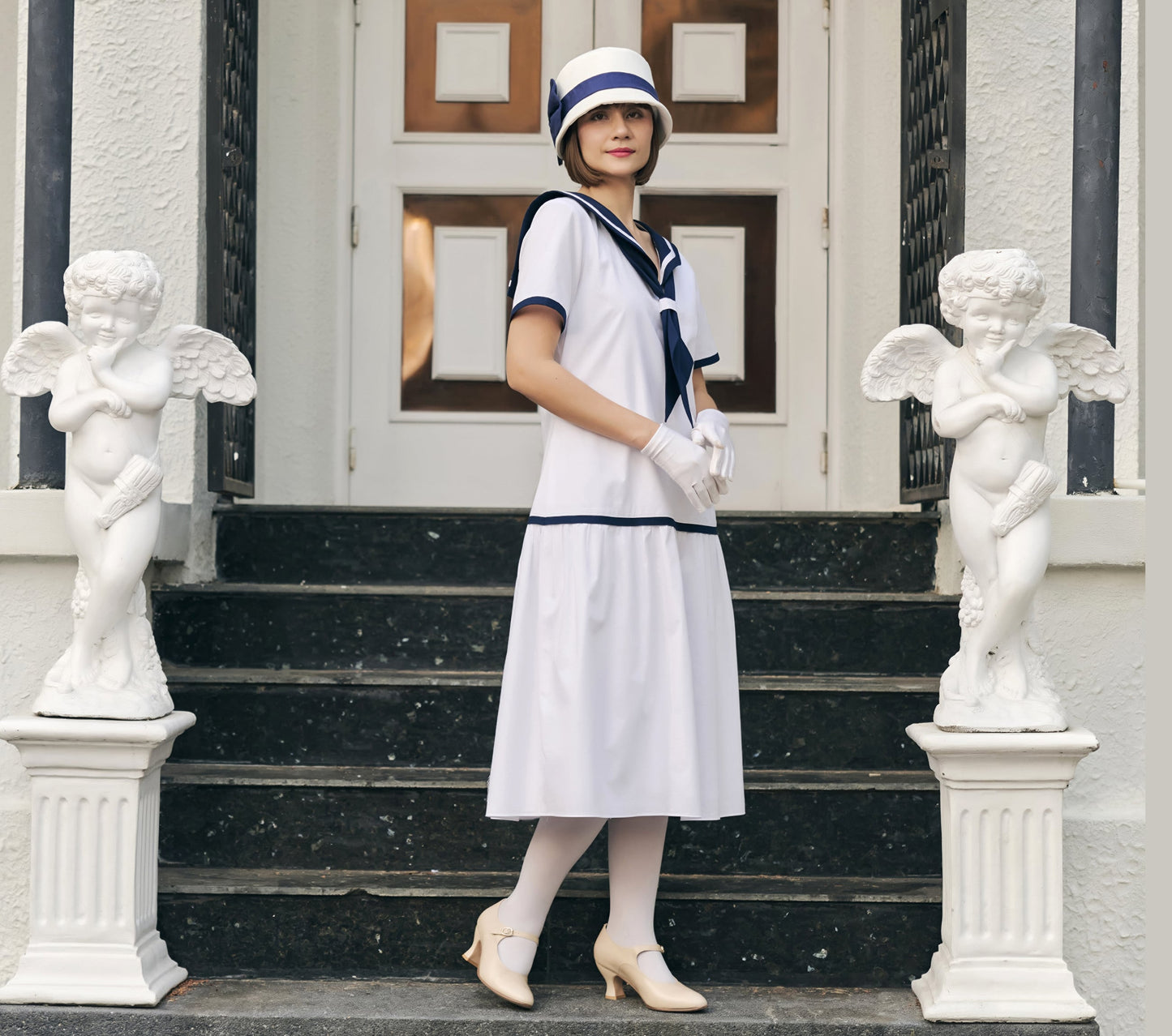 White cotton Great Gatsby dress in 1920s sailor look - a flapper summer dress