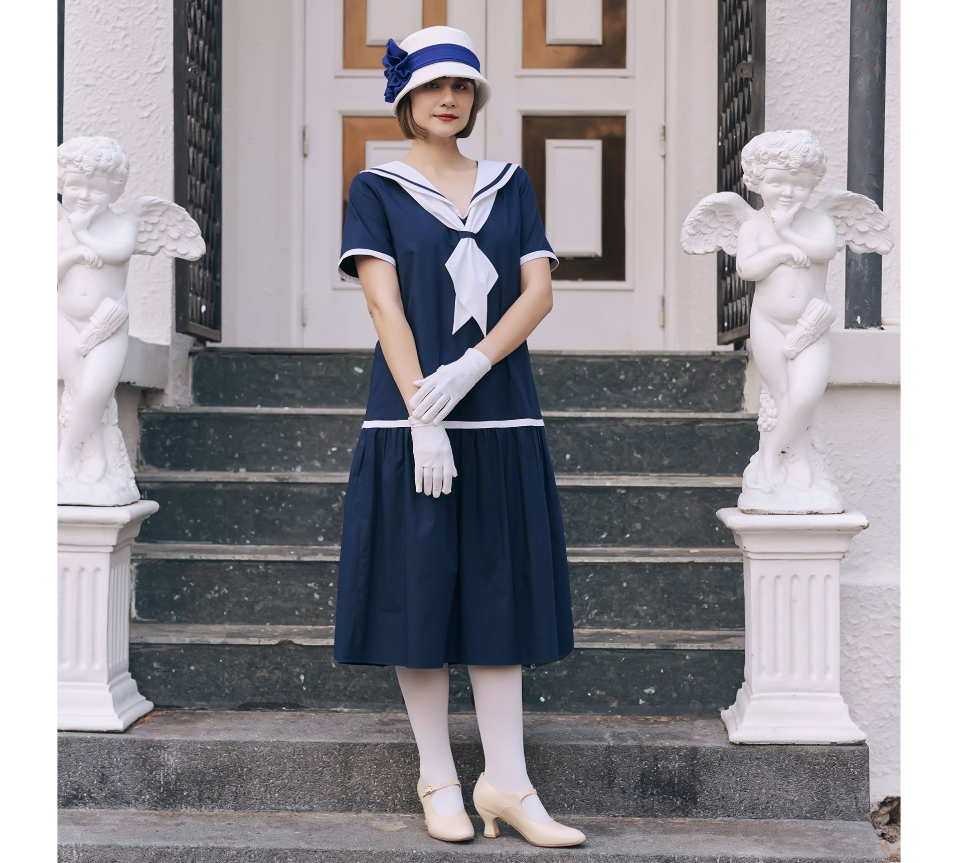 Navy blue and white cotton sailor dress in 1920s look