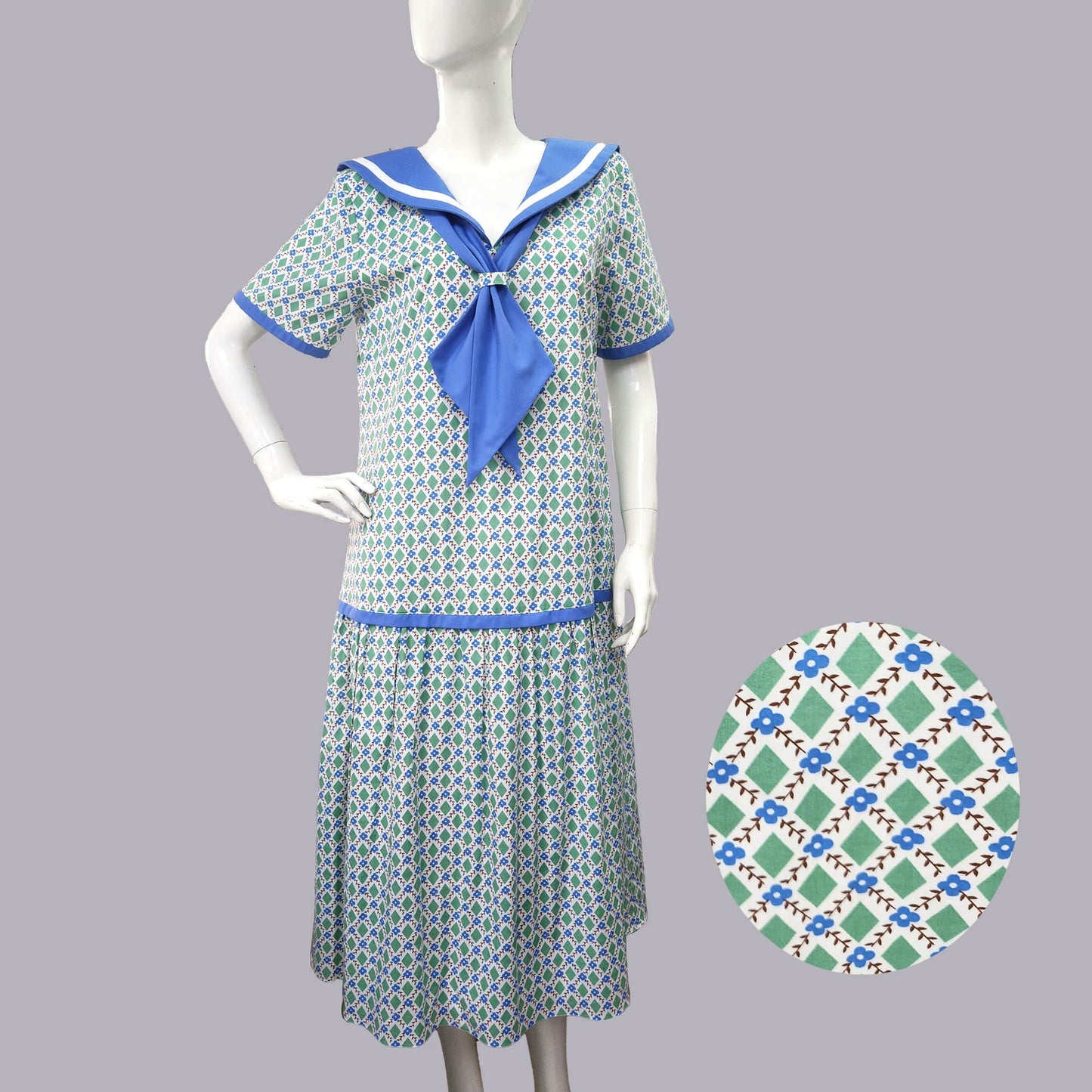 Cotton sailor-style 1920s dress with green and white diamond print