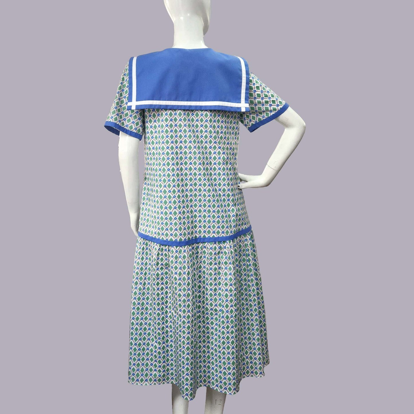 Cotton sailor-style 1920s dress with green and white diamond print